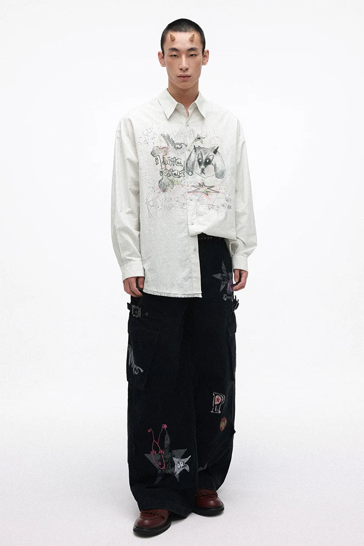 Rebellious Puppy Hand-Drawn Graphic Lace Patchwork Long Sleeve Shirt