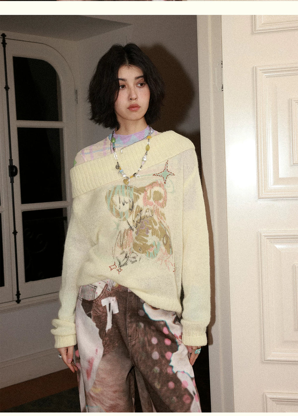 Graffiti Beaded Off-Shoulder Pullover Sweater