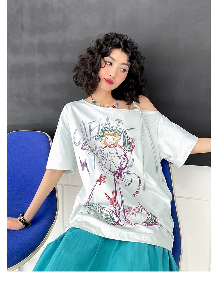 Hand-Drawn Graphic Off-Shoulder Short Sleeve T-Shirt