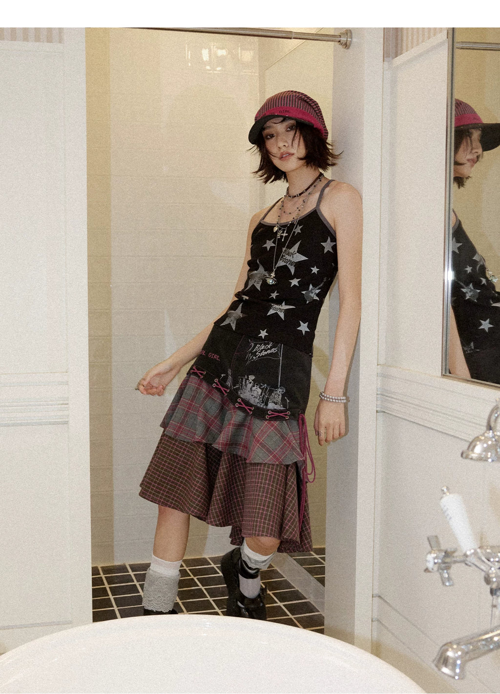 NANA Collaboration Plaid Patchwork Lace-Up Tiered Skirt