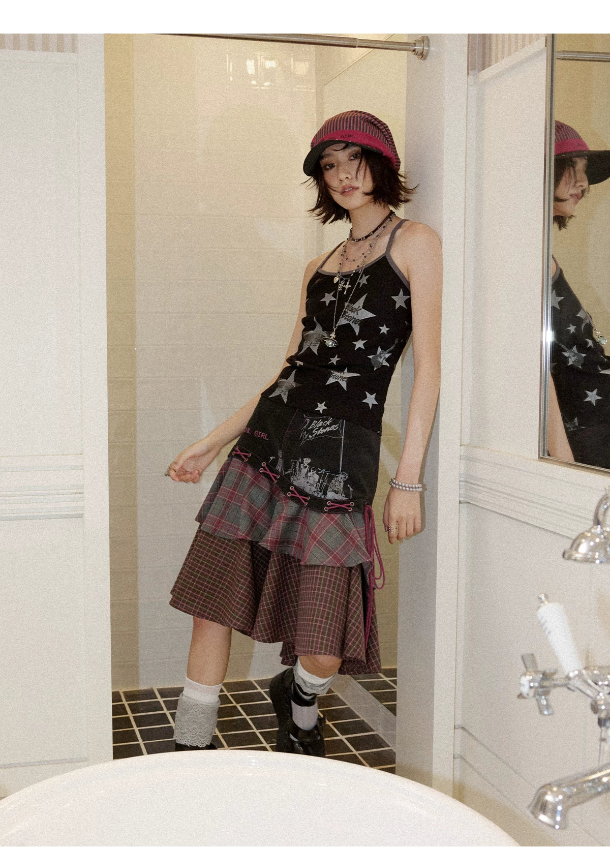 NANA Collaboration Plaid Patchwork Lace-Up Tiered Skirt