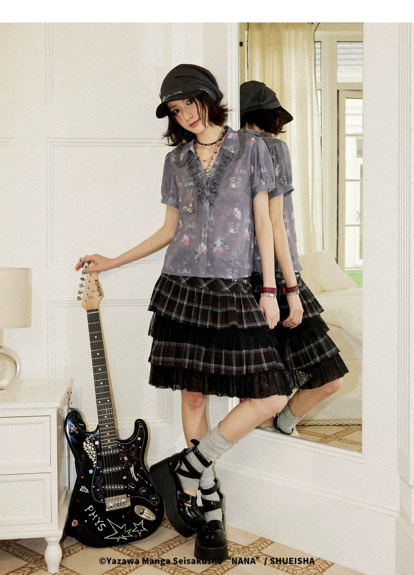 All-Over Print Lace Trim Button-Up Short Sleeve Shirt