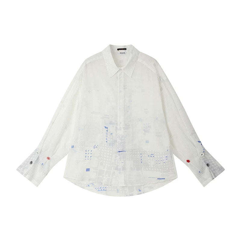 All-Over Print Lightweight Semi-Sheer Crinkled White Shirt