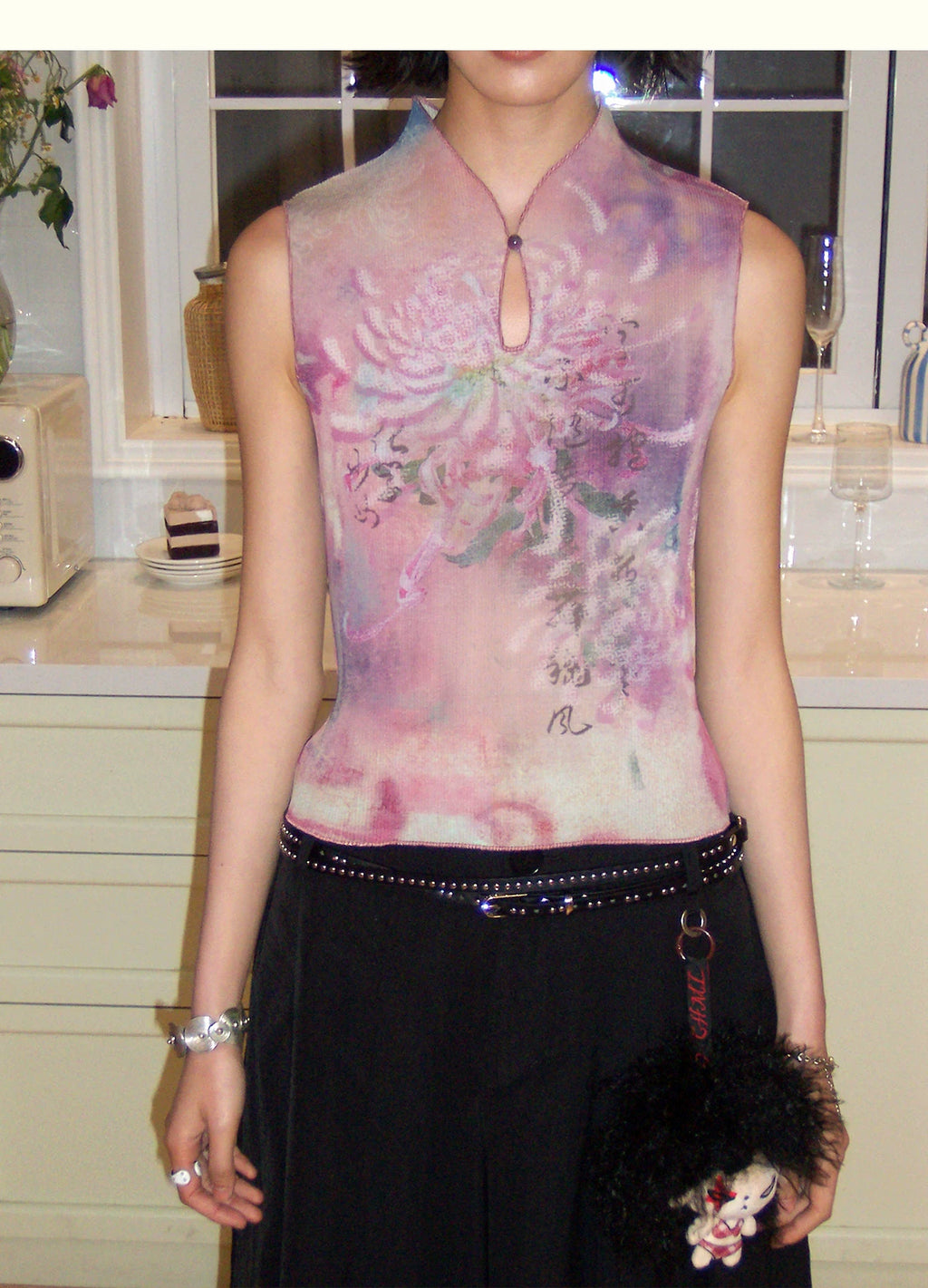 New Chinese Style All-Over Print Pleated Mock Neck Sleeveless Tank Top