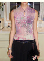 New Chinese Style All-Over Print Pleated Mock Neck Sleeveless Tank Top