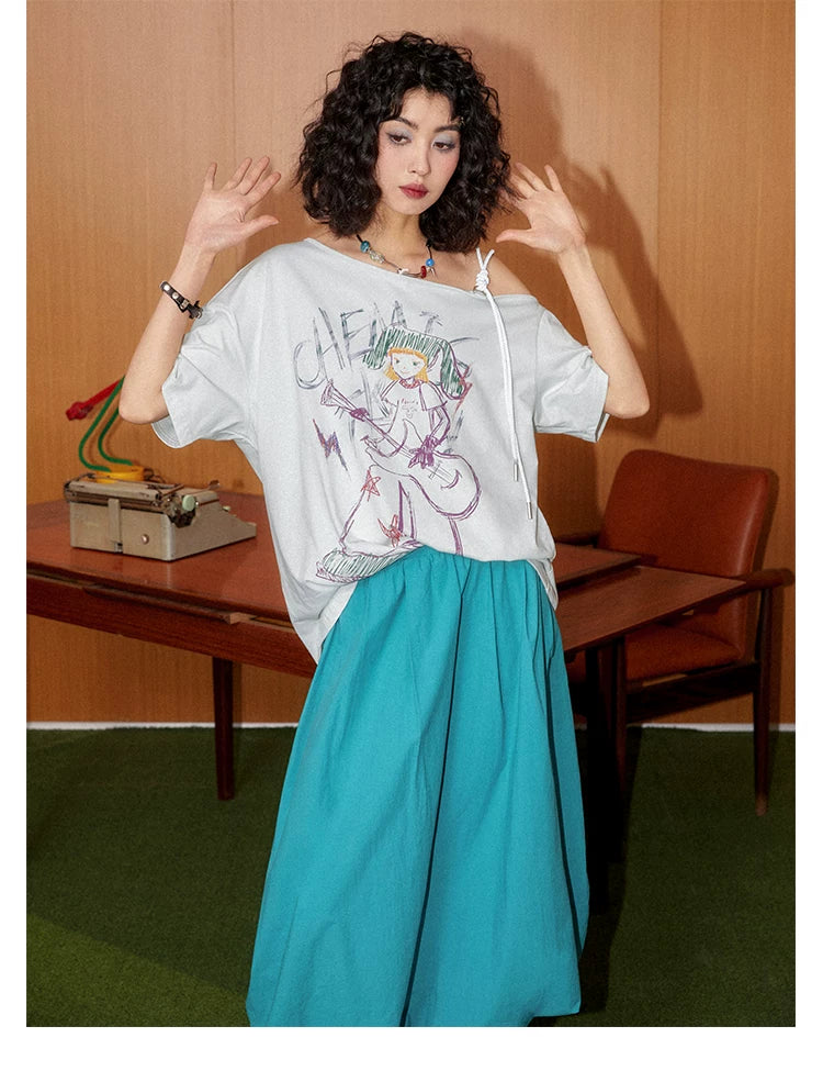 Hand-Drawn Graphic Off-Shoulder Short Sleeve T-Shirt