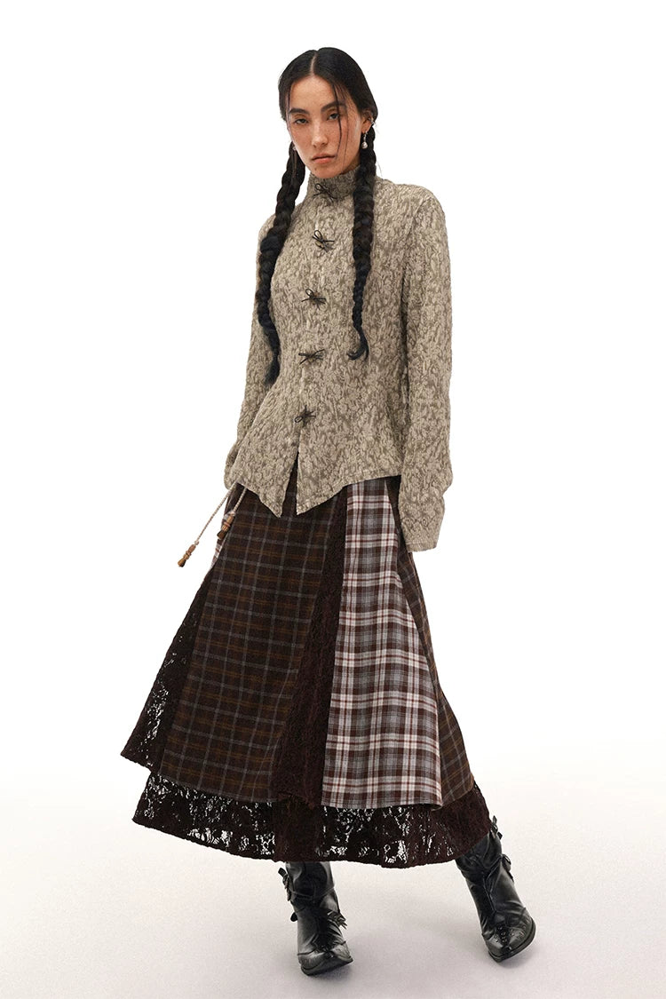 Elegant Jacquard Lace Patchwork Mandarin Collar Shirt