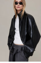 Waxed Black Leather Moto Jacket with Curved Shoulders