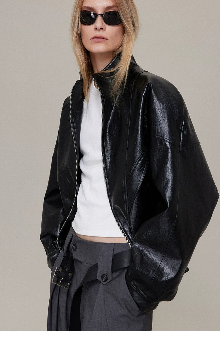 Waxed Black Leather Moto Jacket with Curved Shoulders