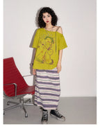 Hand-Drawn Graphic Off-Shoulder Short Sleeve T-Shirt