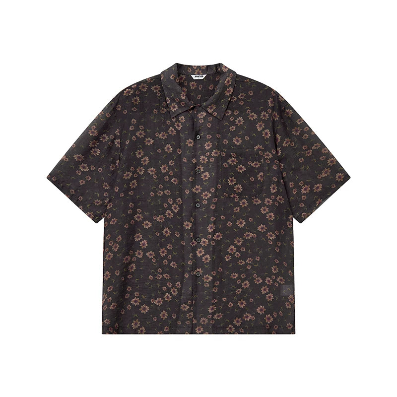 Tencel Vintage Brown Small Floral Cuban Collar Short Sleeve Shirt – Contrast Trim Main image