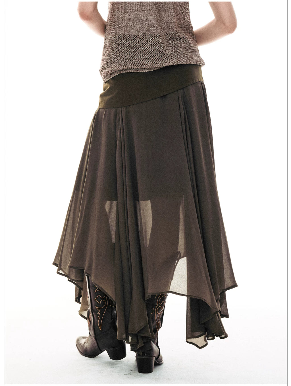 French-Inspired Faux Two-Piece Asymmetric Silk Skirt