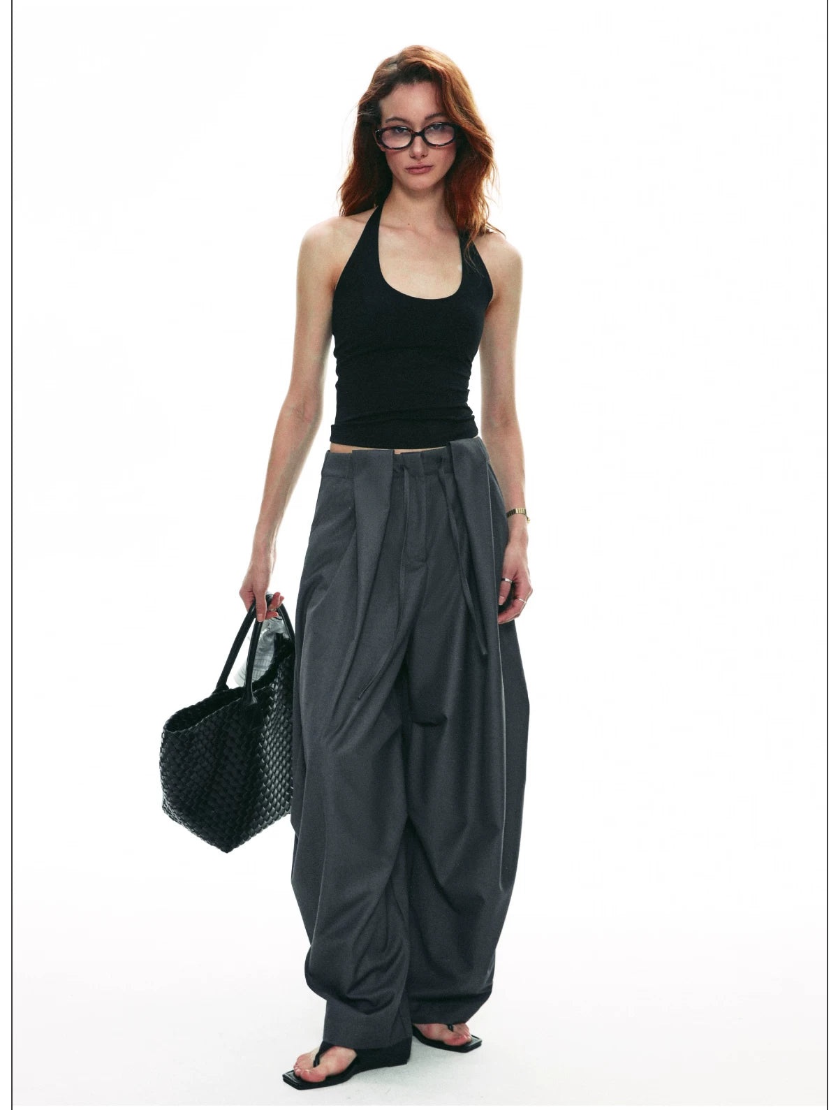 Wrinkle-Resistant Draped Wide-Leg Parachute Pants