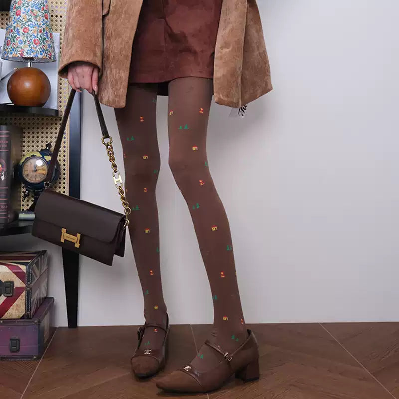 Whimsical Christmas Tree Graphic Mocha Brown Tights