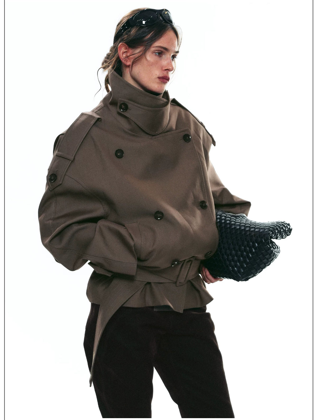 French Vintage Double-Breasted Cropped Trench Jacket