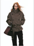 French Vintage Double-Breasted Cropped Trench Jacket