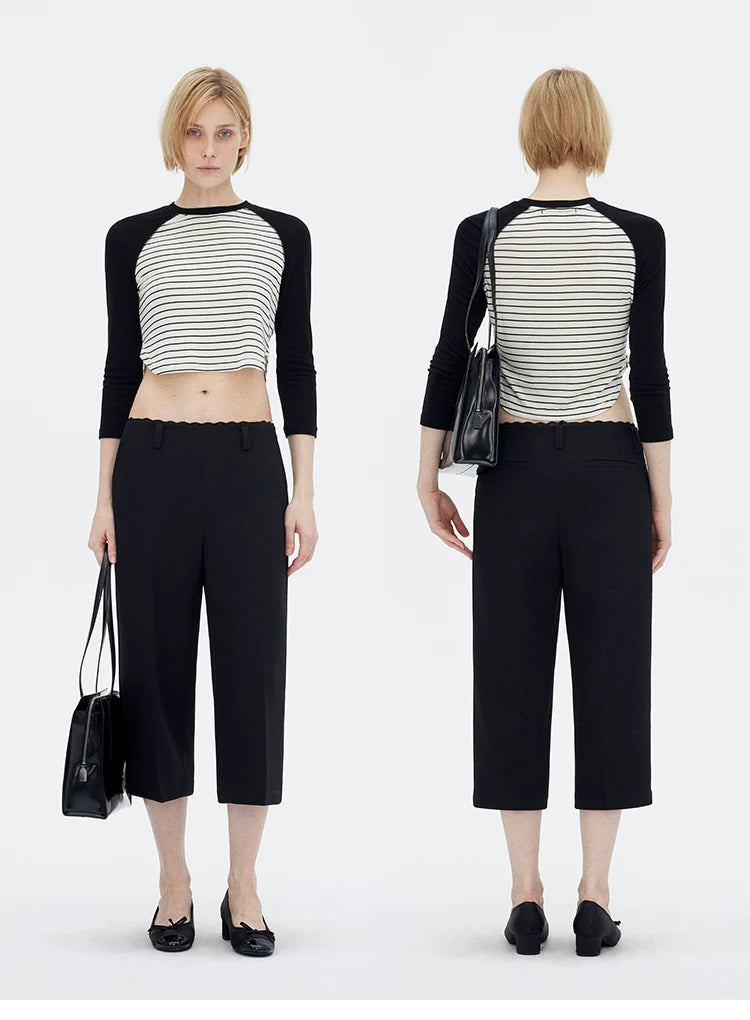 Lace Waist Straight-Leg Cropped Tailored Pants