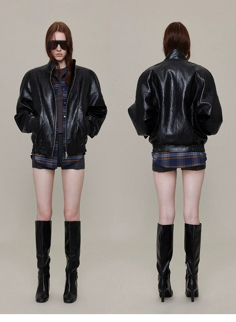Waxed Black Leather Moto Jacket with Curved Shoulders