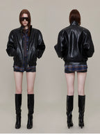 Waxed Black Leather Moto Jacket with Curved Shoulders