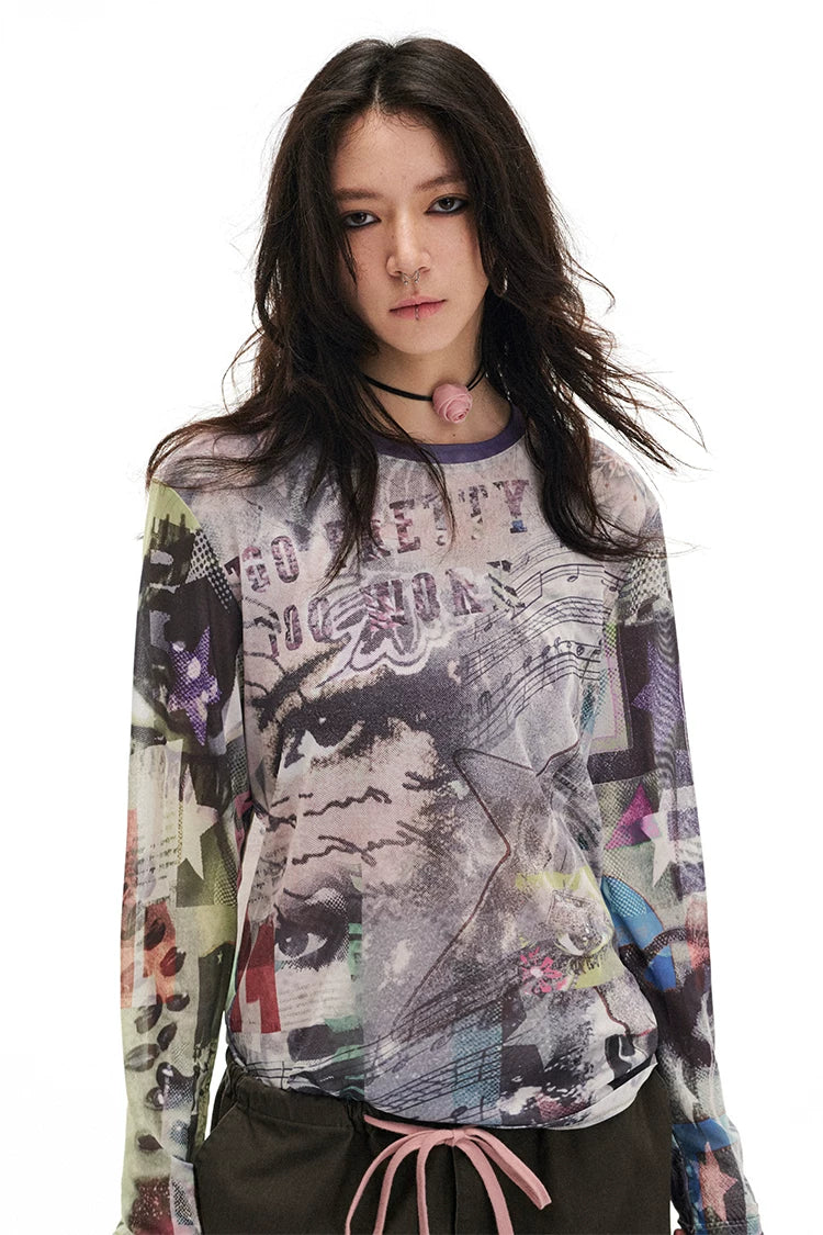 Pop Art Collage Stretch Mesh Long Sleeve Top