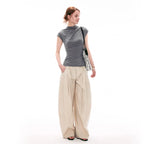 French-Inspired Mock Neck Ruched Slim-Fit Cap Sleeve Top