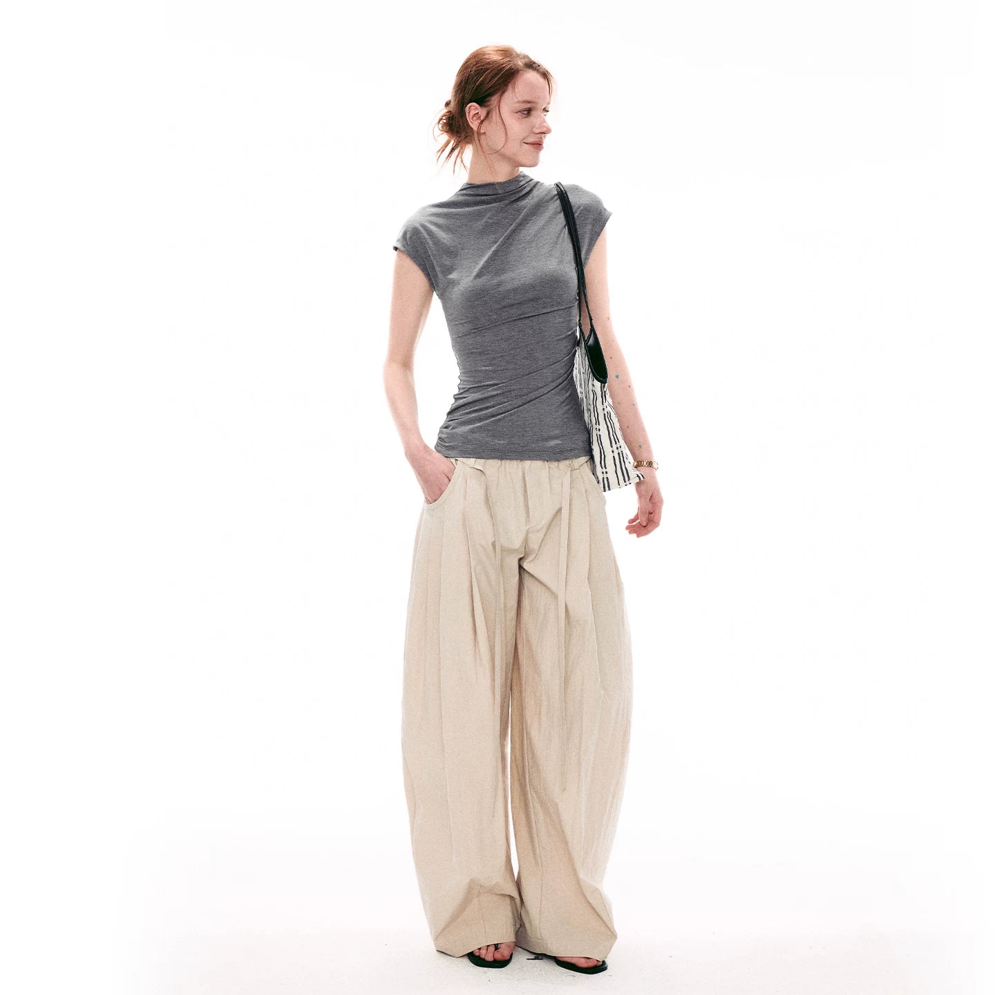French-Inspired Mock Neck Ruched Slim-Fit Cap Sleeve Top Main image
