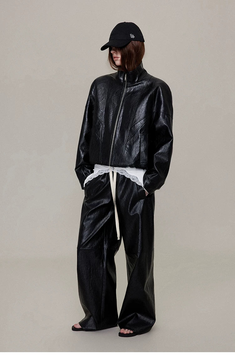 Waxed Black Leather Moto Jacket with Curved Shoulders