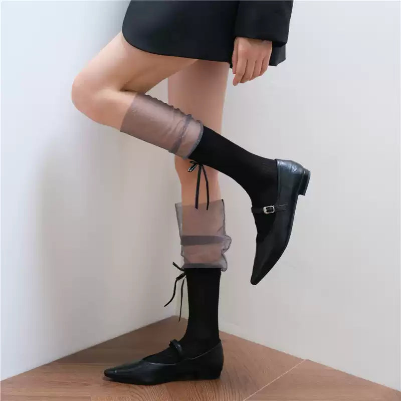 Quiet Luxury Ribbed Crew Socks with Sheer Mesh Cuffs