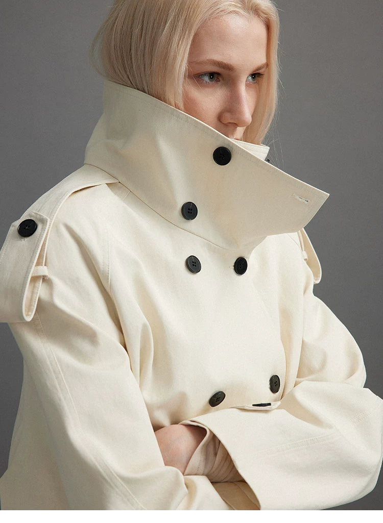Cropped Trench Jacket with Stand Collar and Curved Shoulders