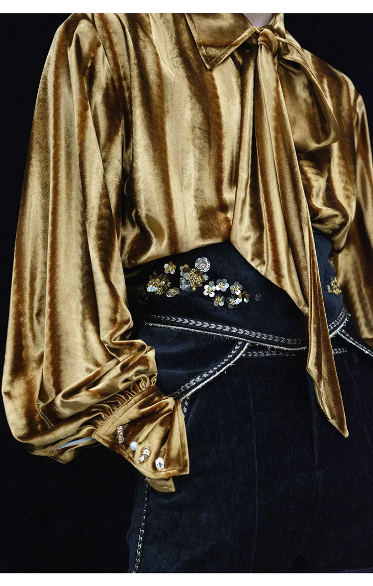 French Vintage Velvet Drop-Shoulder Long Sleeve Shirt