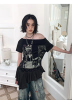 NANA Collaboration Asymmetrical Off-Shoulder Lace Hem Lace-Up Graphic T-Shirt