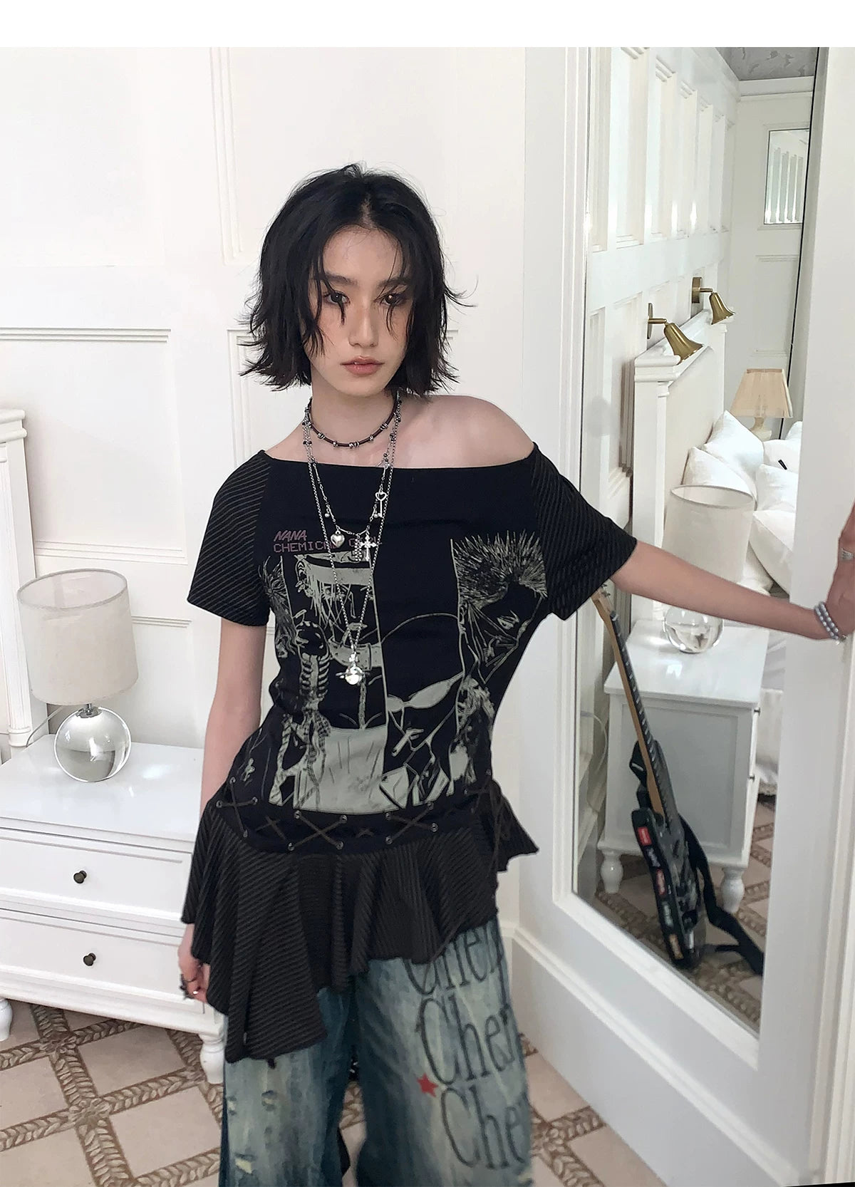 NANA Collaboration Asymmetrical Off-Shoulder Lace Hem Lace-Up Graphic T-Shirt