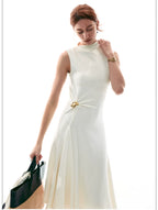 French Style Sleeveless Knot Detail Casual Work Dress
