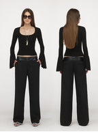 U-Neck Bell Sleeve Fitted Long Sleeve Top