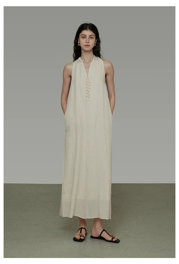 Halter Neck V-Neck Sleeveless A-Line Maxi Dress