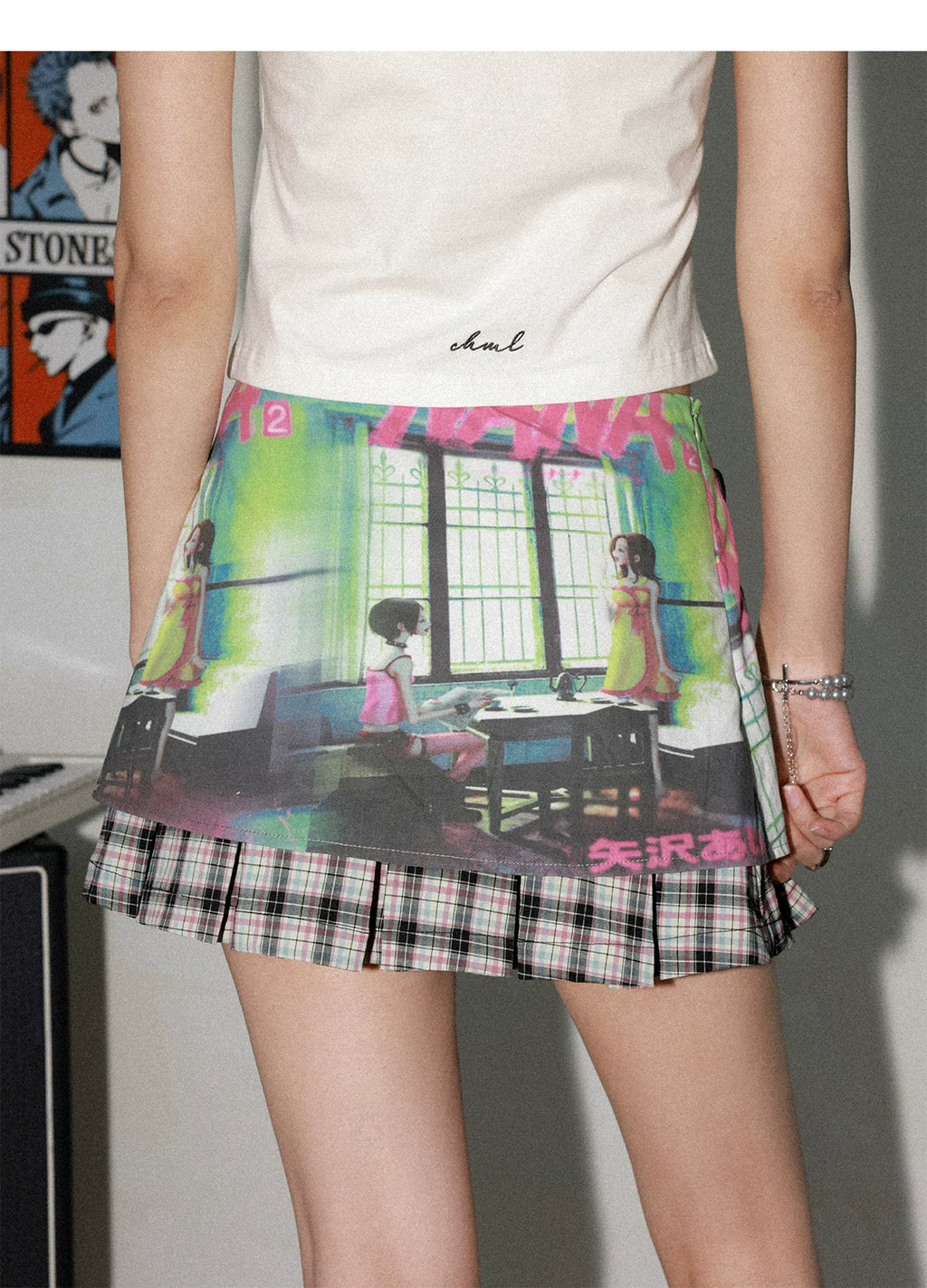 NANA Collaboration Plaid Patchwork Printed Pleated Skirt