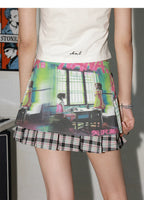 NANA Collaboration Plaid Patchwork Printed Pleated Skirt