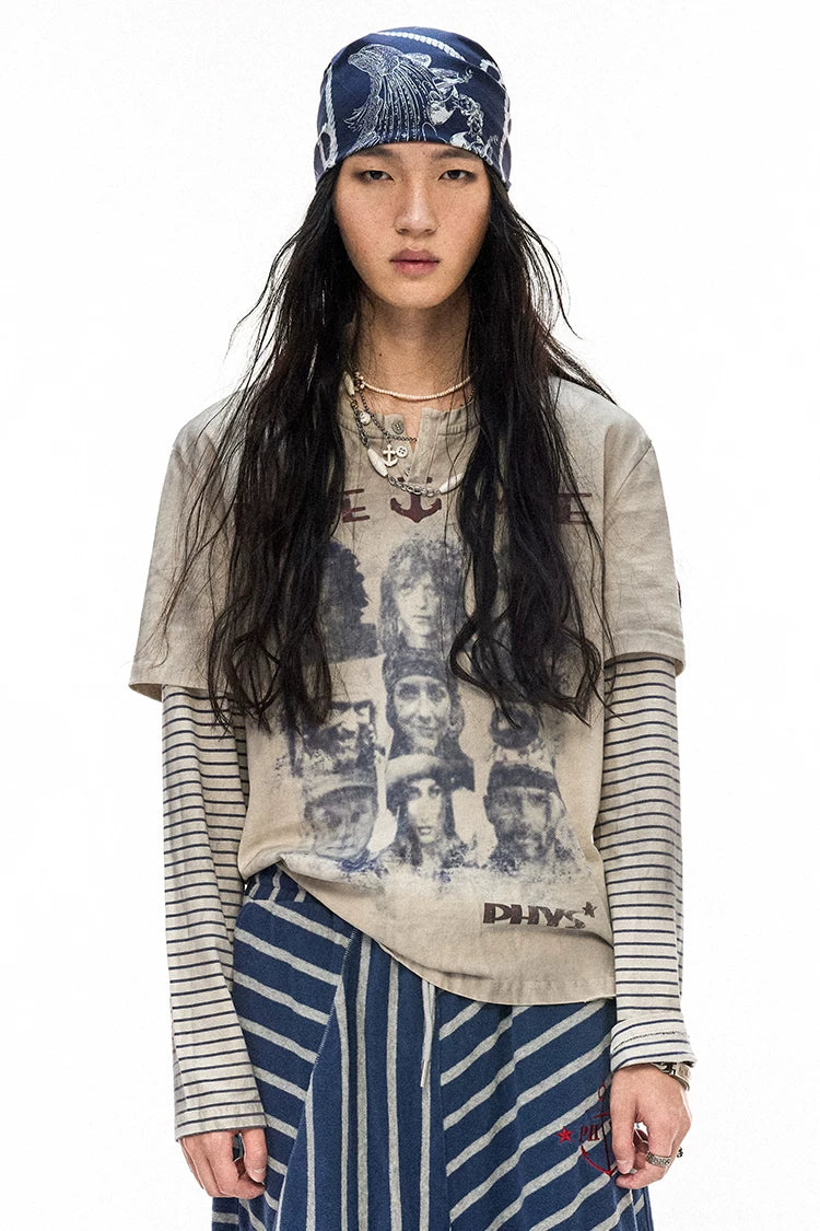 Pirate Print Striped Henley Layered-Look T-Shirt