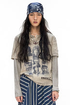 Pirate Print Striped Henley Layered-Look T-Shirt