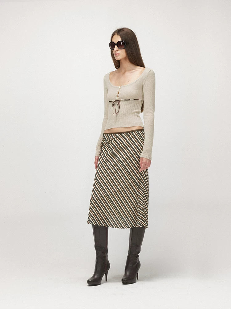 Velvet Tie U-Neck Half-Placket Fitted Knit Top