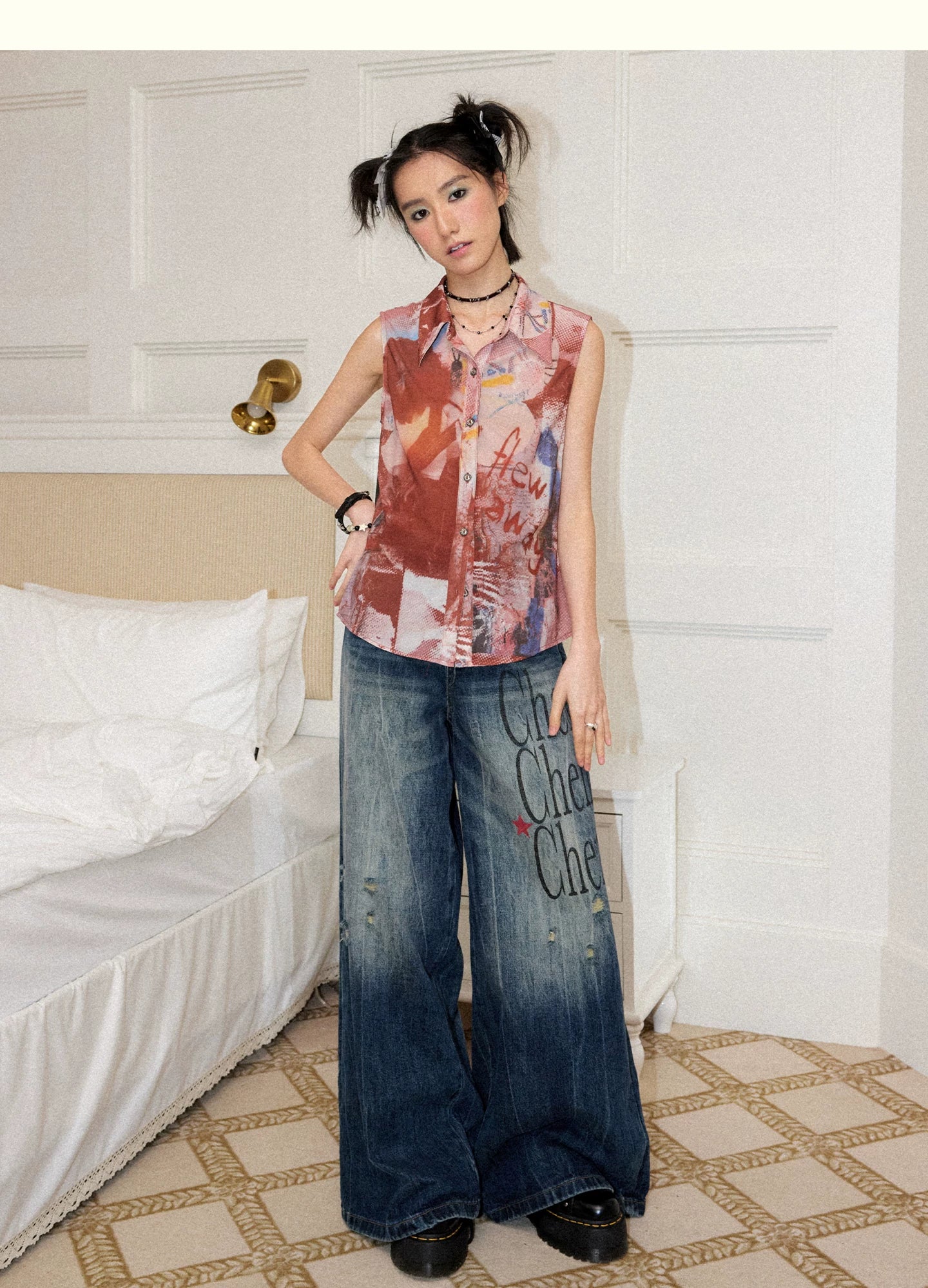 Distressed Sheer Portrait Print Sleeveless Shirt
