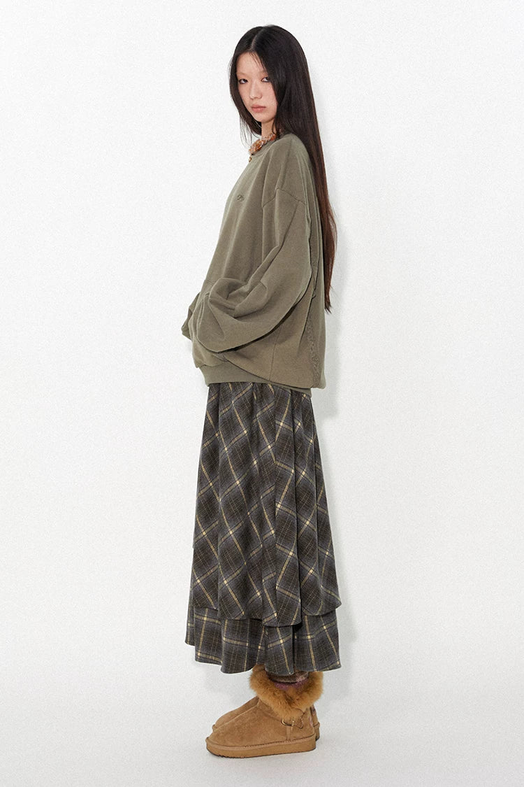 Patchwork Plaid Asymmetrical Drawstring Versatile Playful Maxi Skirt
