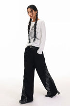 Plaid Lace Panel Draped Boho Flared Jeans