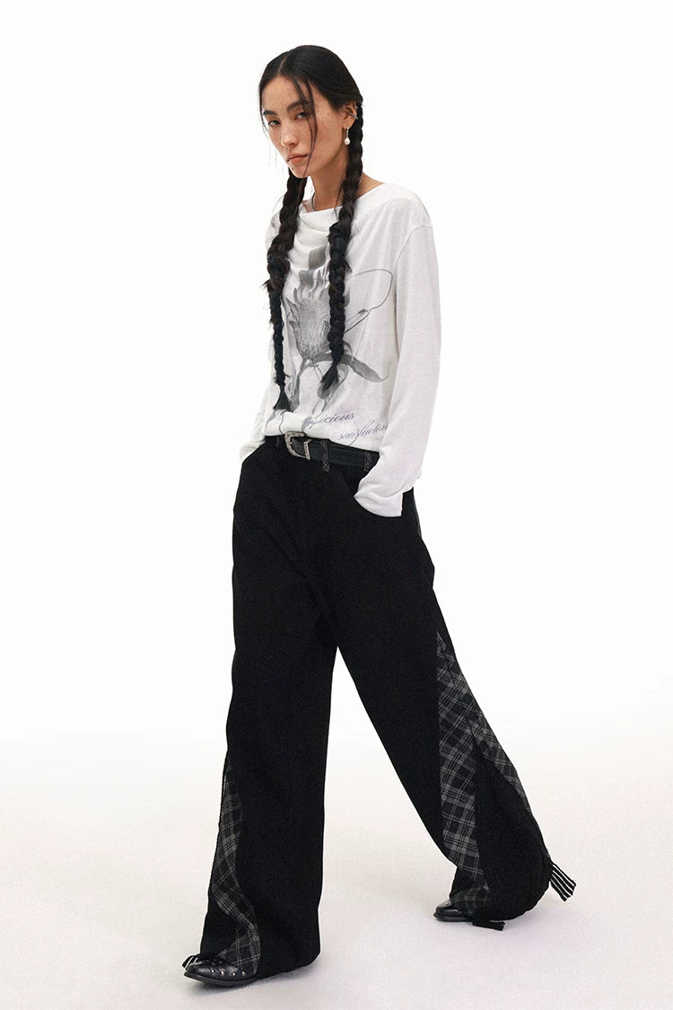Plaid Lace Panel Draped Boho Flared Jeans