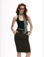 Vintage Contrast Leather Trim Utility Pencil Skirt