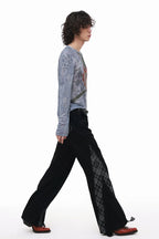 Plaid Lace Panel Draped Boho Flared Jeans