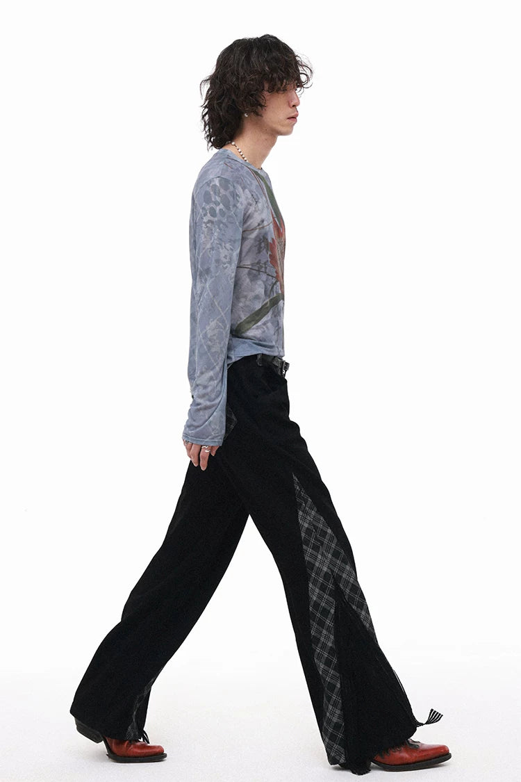 Plaid Lace Panel Draped Boho Flared Jeans