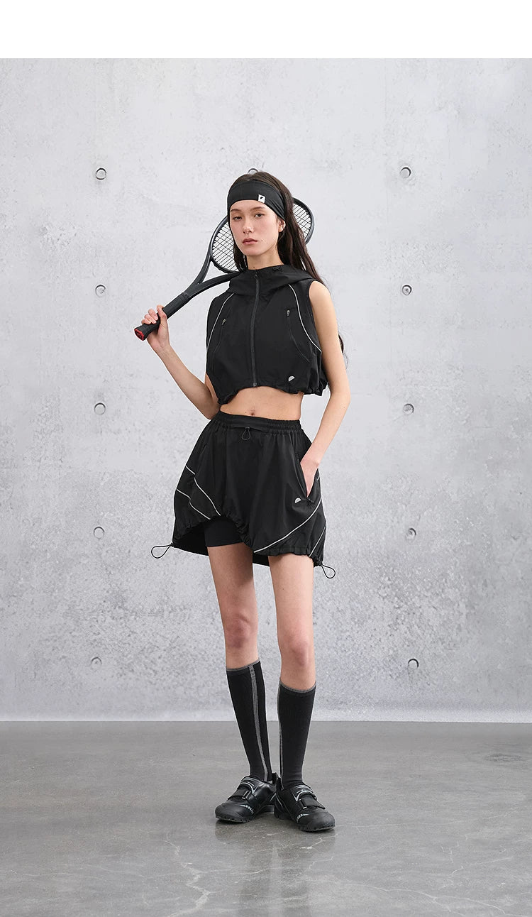 Women’s Summer Slim-Fit Cropped Hooded Functional Vest with Patchwork