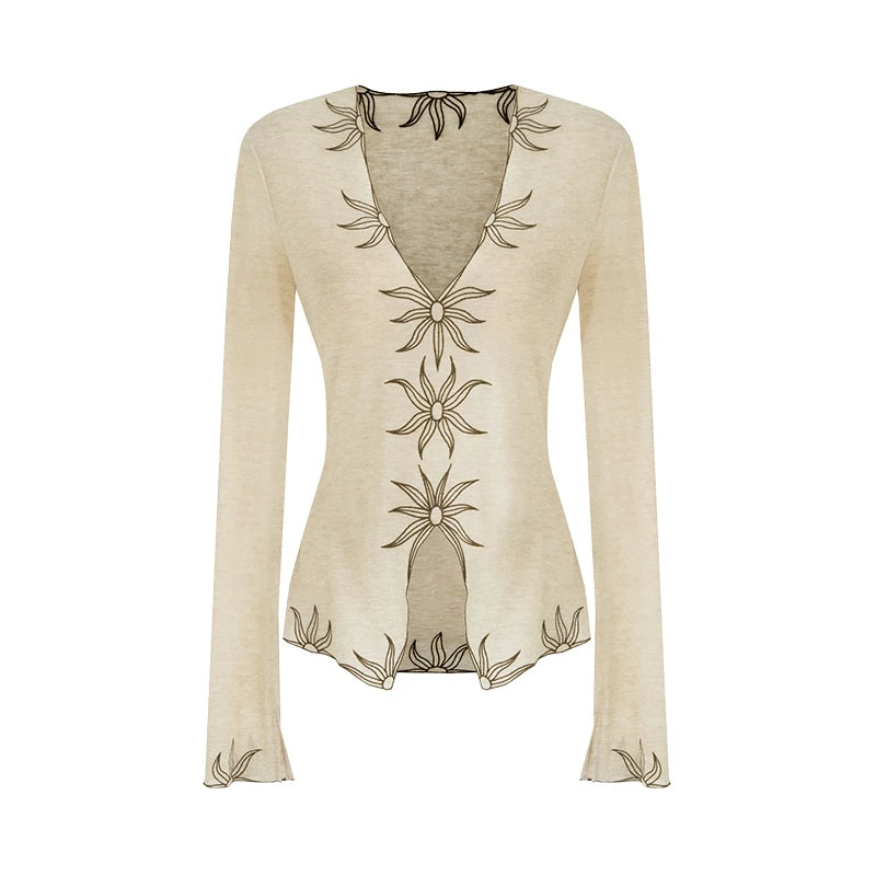 Vintage Embroidered V-Neck Slim-Fit Knit Top