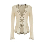 Vintage Embroidered V-Neck Slim-Fit Knit Top